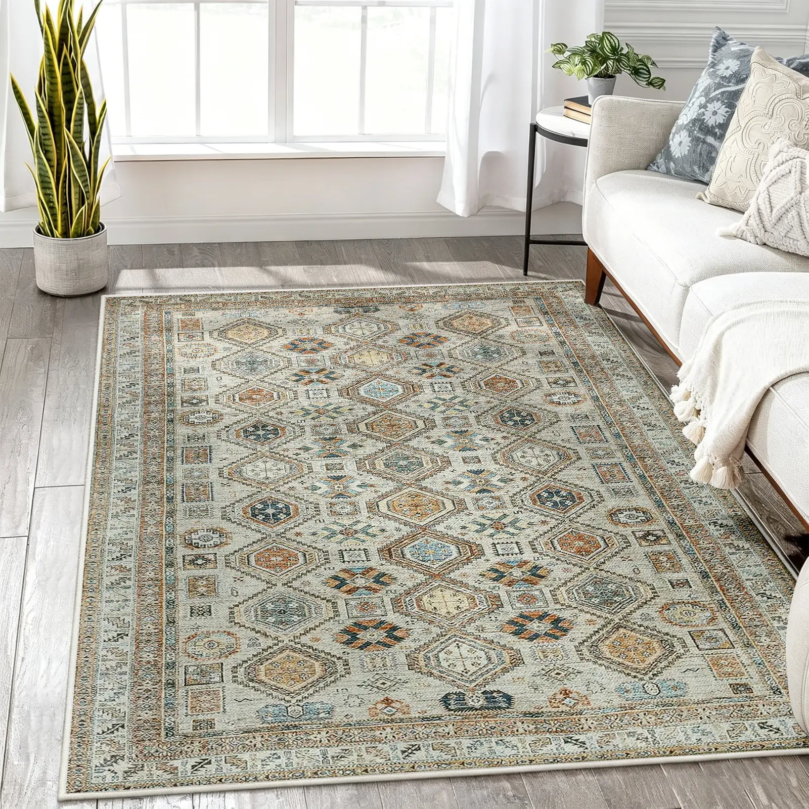 [Moving Season]Vintage Boho Geometric Area Rug, Cream with Blue Rust Hexagon Carpet, Soft Plush Faux Cashmere, Non Slip Washable Floor Cover for Living Room, Dining Room, Bedroom, Office, Stunning Home Decor, Room Decor (Various Sizes)