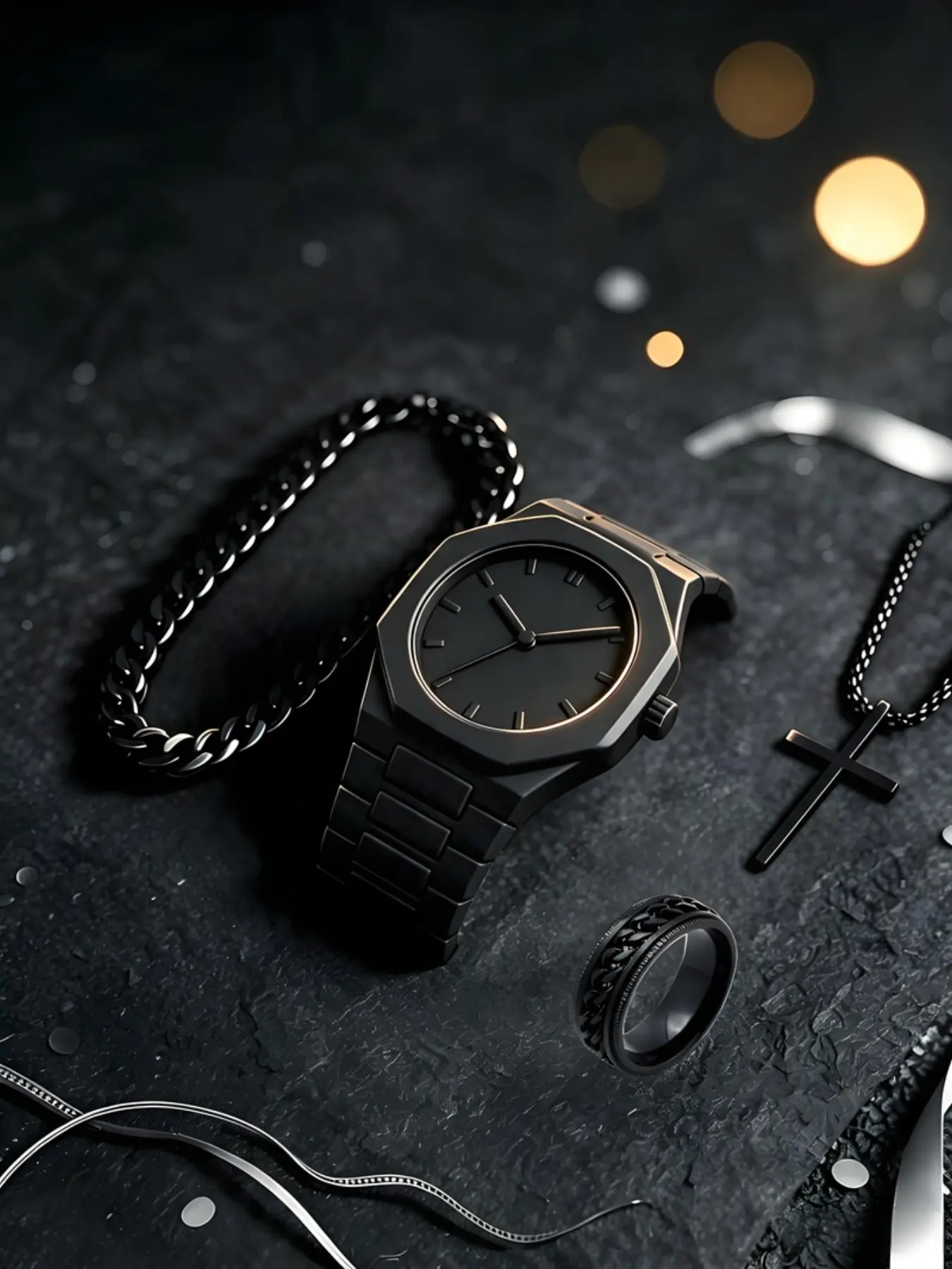 Men's Luxury Minimalist Quartz Watch Set, Includes Bracelet, Ring, Cross Necklace, Perfect Gift for Him, 4-Piece Fashion Accessory Kit
