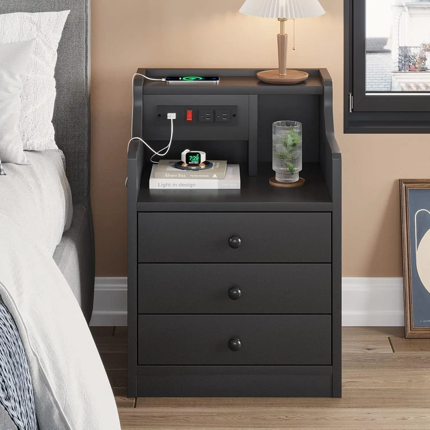 Black Nightstand with Charging Station & Drawers | Night Stand for Bedroom,End Table with Hutch & 3 Storage Drawers