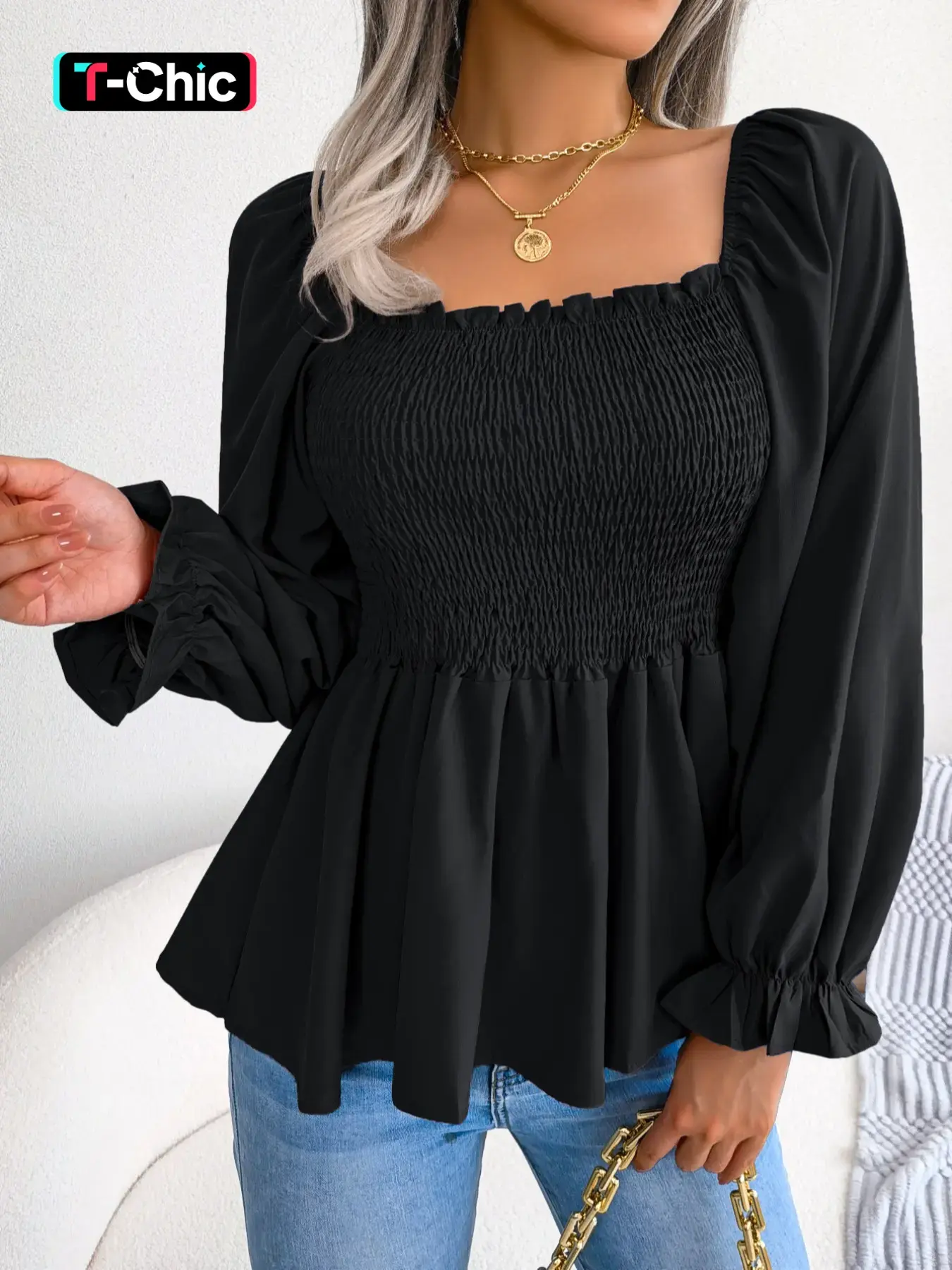 Superfancyfashion Women's Plain Frill Ruffle Shirred Square Neck Fitted Lightweight Chiffon Blouse Shirts, Solid Long Sleeve Flounce Sleeve Peplum Tops, Ladies Casual Clothes for Spring & Fall, Chic Elegance Style Womenswear