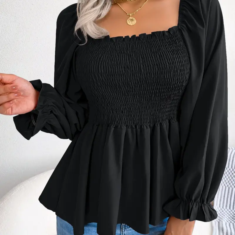 Women's Plain Ruffle Frill Shirred Square Neck Fitted Lightweight Chiffon Blouse, Solid Long Sleeve Flounce Sleeve Peplum Tops, Casual Clothes for Spring & Fall, Chic Elegance