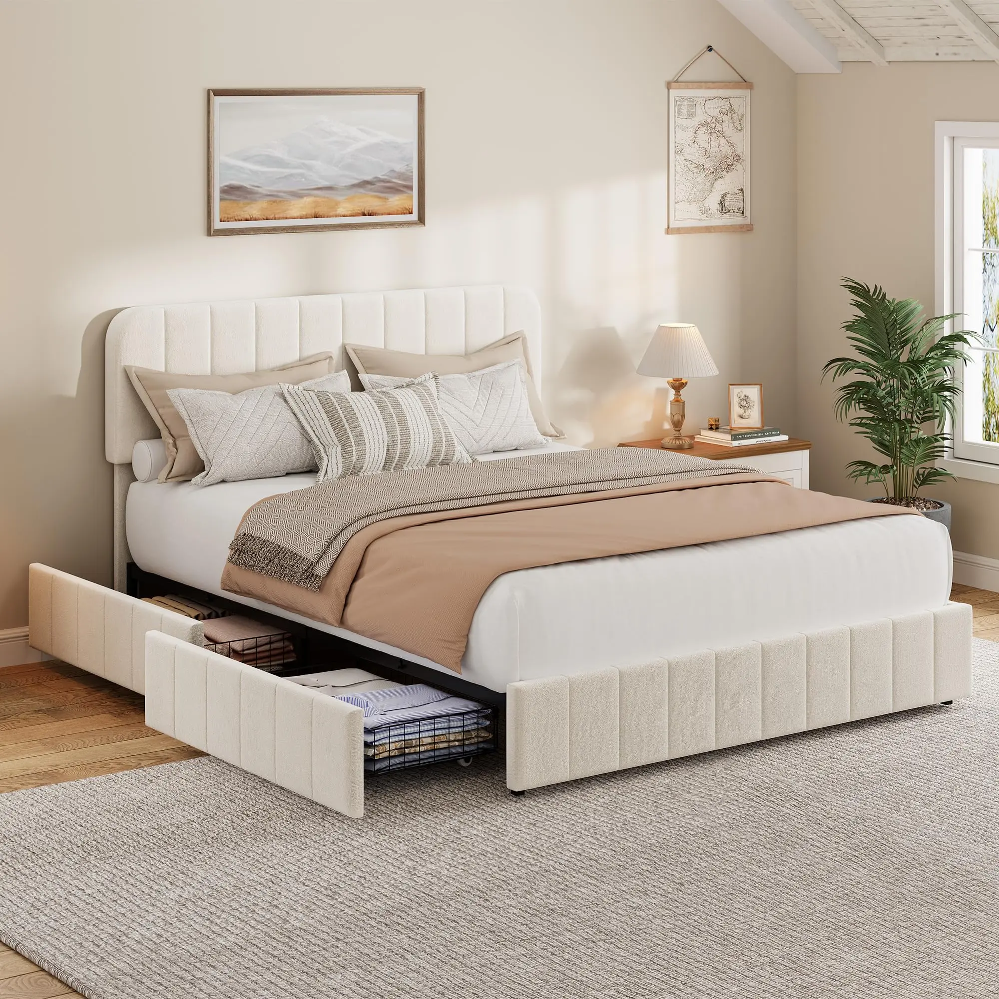 Queen/King-Black/White Velvet Upholstered Bed with 4 Drawers & Adjustable Tufted Headboard, No Box Spring