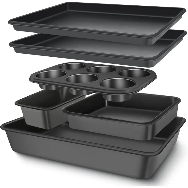 Stackable Nonstick Carbon Steel 6-Piece Baking Set - Oven-Safe Cookware with Cookie Sheet, Deep Roaster, Square Pan, Loaf Pan, Muffin Tray