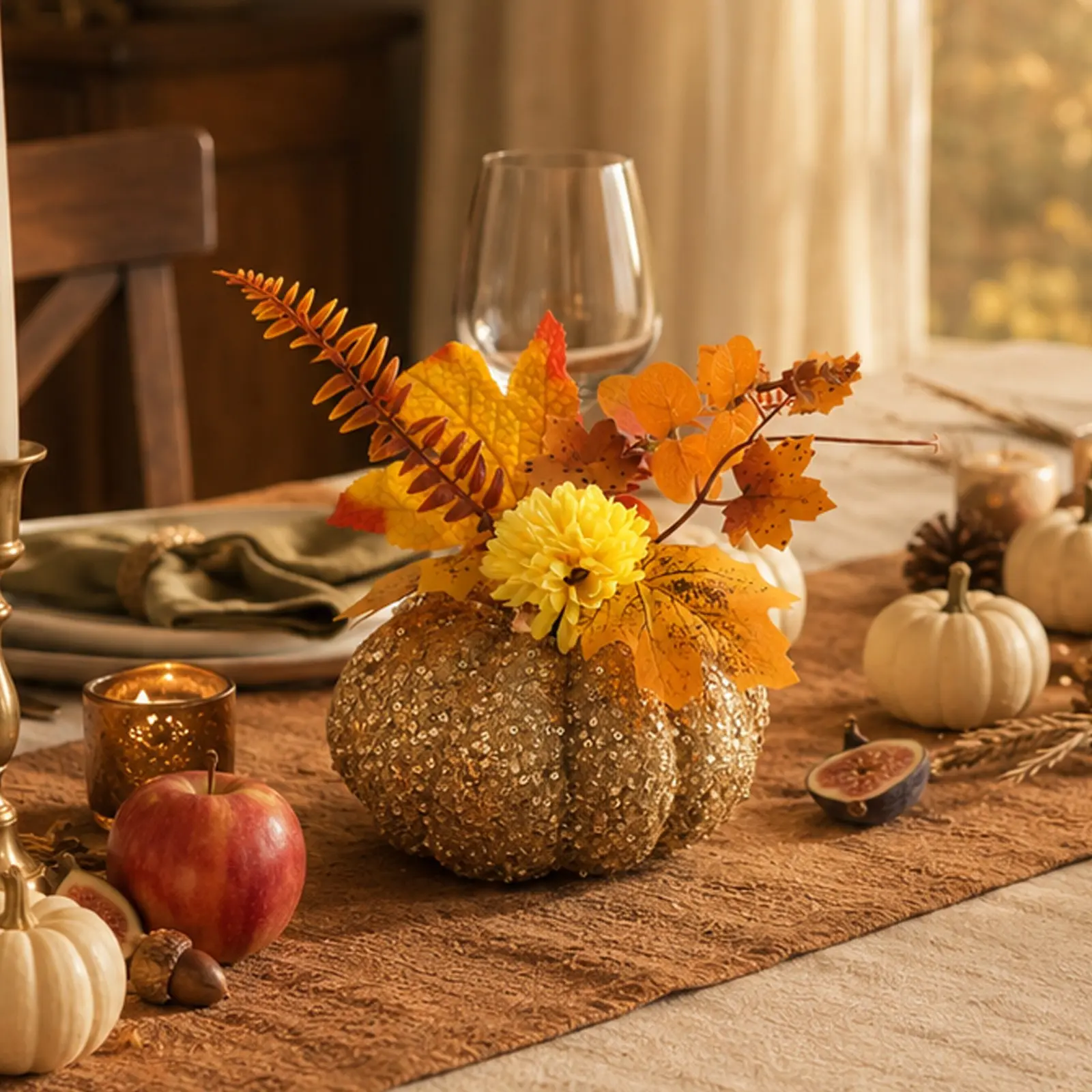 Glitter Artificial Pumpkin Floral Decoration, Pre-Assembled Autumn Style Sunflower Maple Leaf Centerpiece, Thanksgiving Halloween Home Decor
