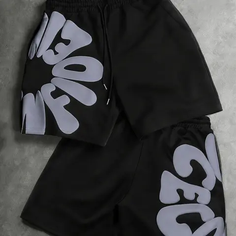 3D Letter Print Casual Shorts, Loose Drawstring Fit, Trendy Street Style, Versatile and Slimming, Sporty Patchwork Design, Streetwear, Summer Sport Shorts