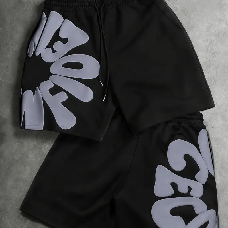 3D Letter Print Casual Shorts, Loose Drawstring Fit, Trendy Street Style, Versatile and Slimming, Sporty Patchwork Design, Streetwear, Summer Sport Shorts
