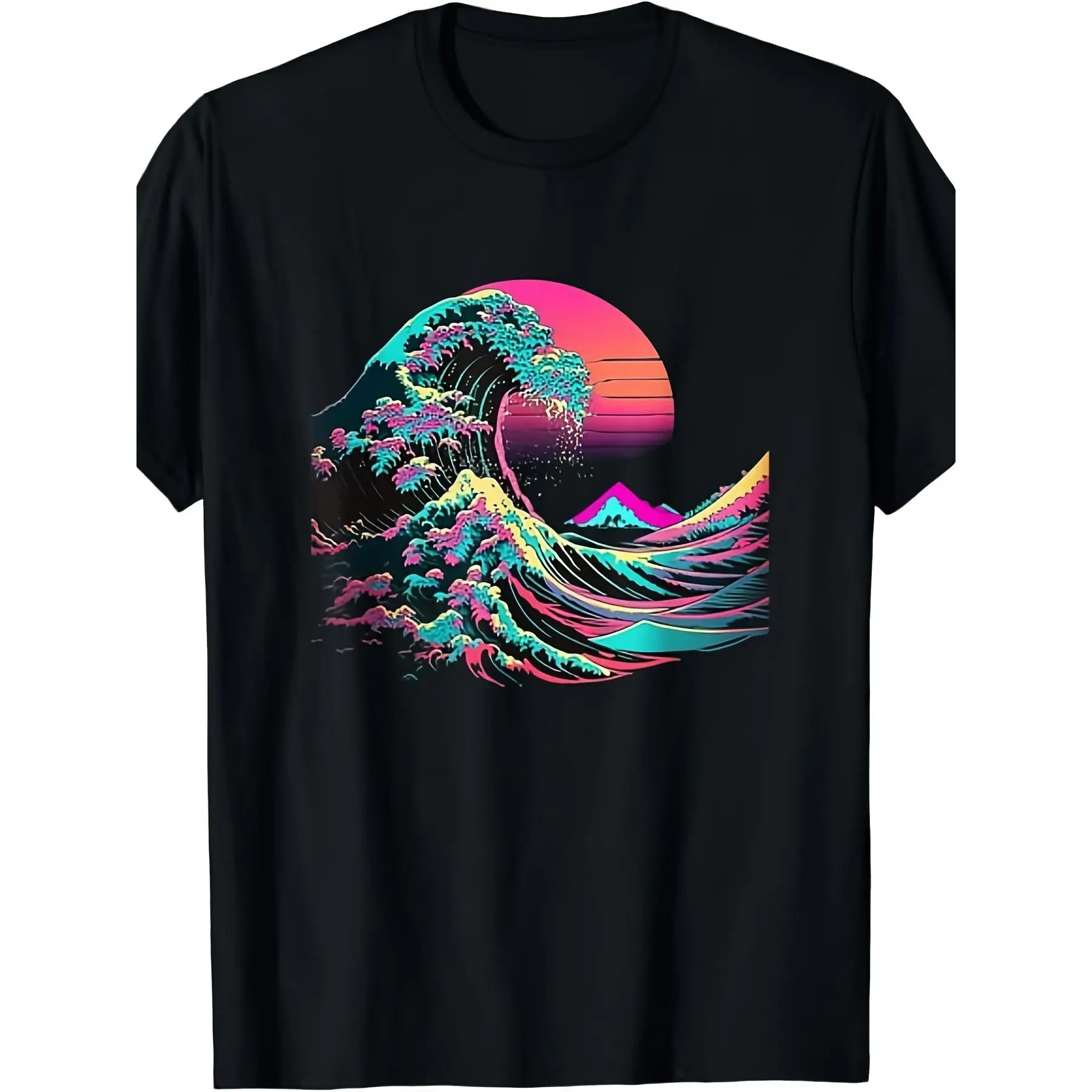 JOY Vaperwave Aesthetic Glitch Great Wave Retrowave Synthwave T-Shirt| Same Style for Men And Women, 2025 Summer, Short-Sleeved, Printed, Pure, 220G, Crew Neck, All-Season, Regular Fit, Perfect for Adults
