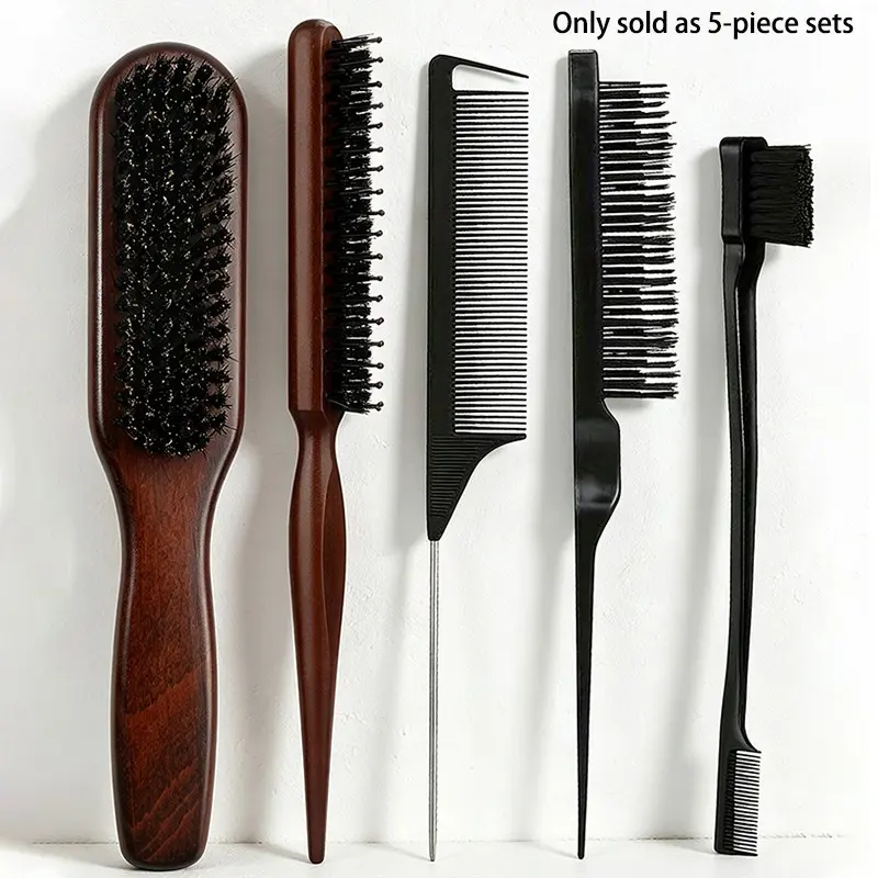5-Piece Wooden Hair Styling Comb Set. Smooth volumizing teasing comb helps create ponytails & buns, tames flyaways and shapes clean hairline. Wide-tooth tail comb for sectioning hair to build fluffy hairstyles.