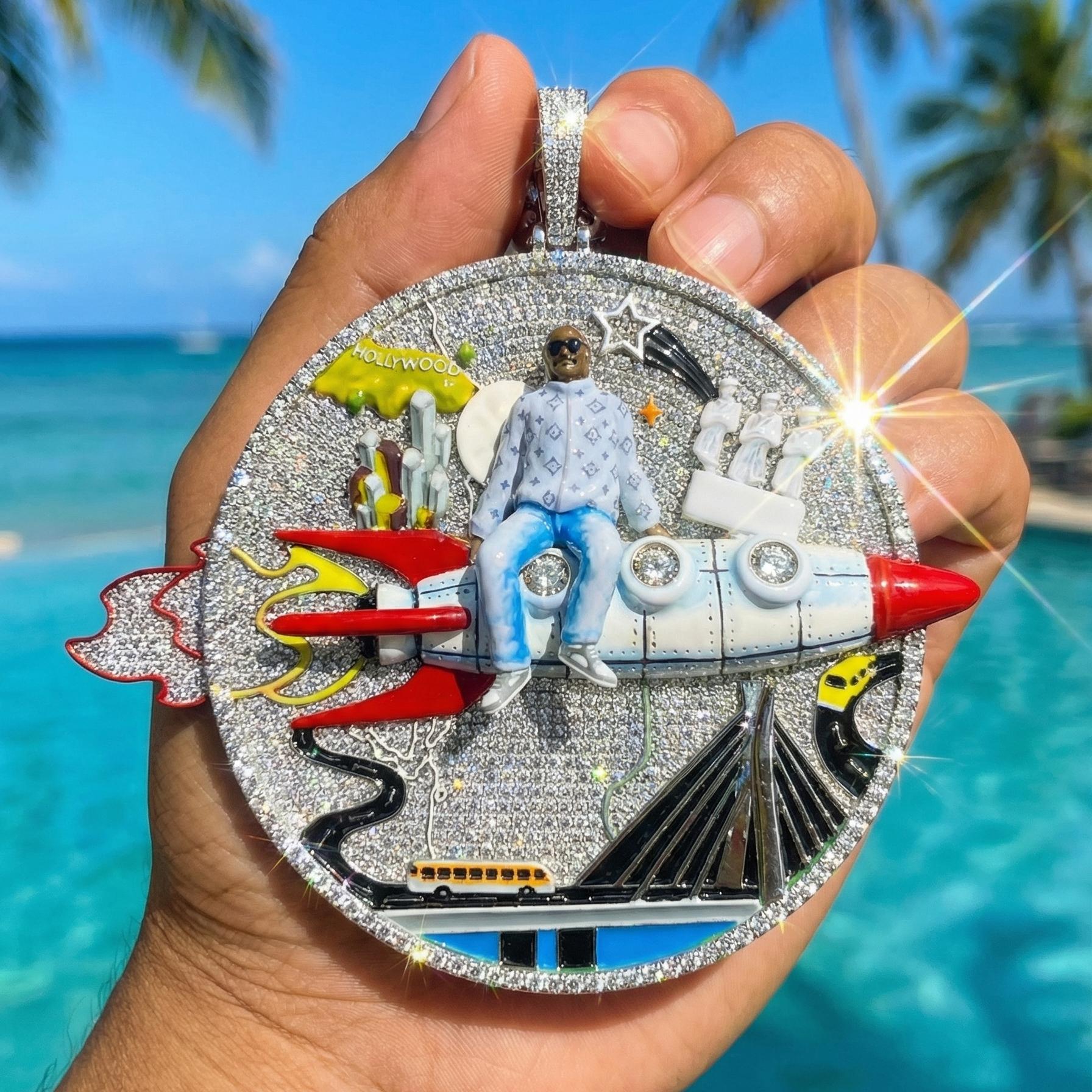 Huge Iced Out 3D Rocket Man Enamel Medallion Pendant, Colorful Cityscape Hip Hop Statement Jewelry, 925 Silver Tone with 4mm Rope Chain