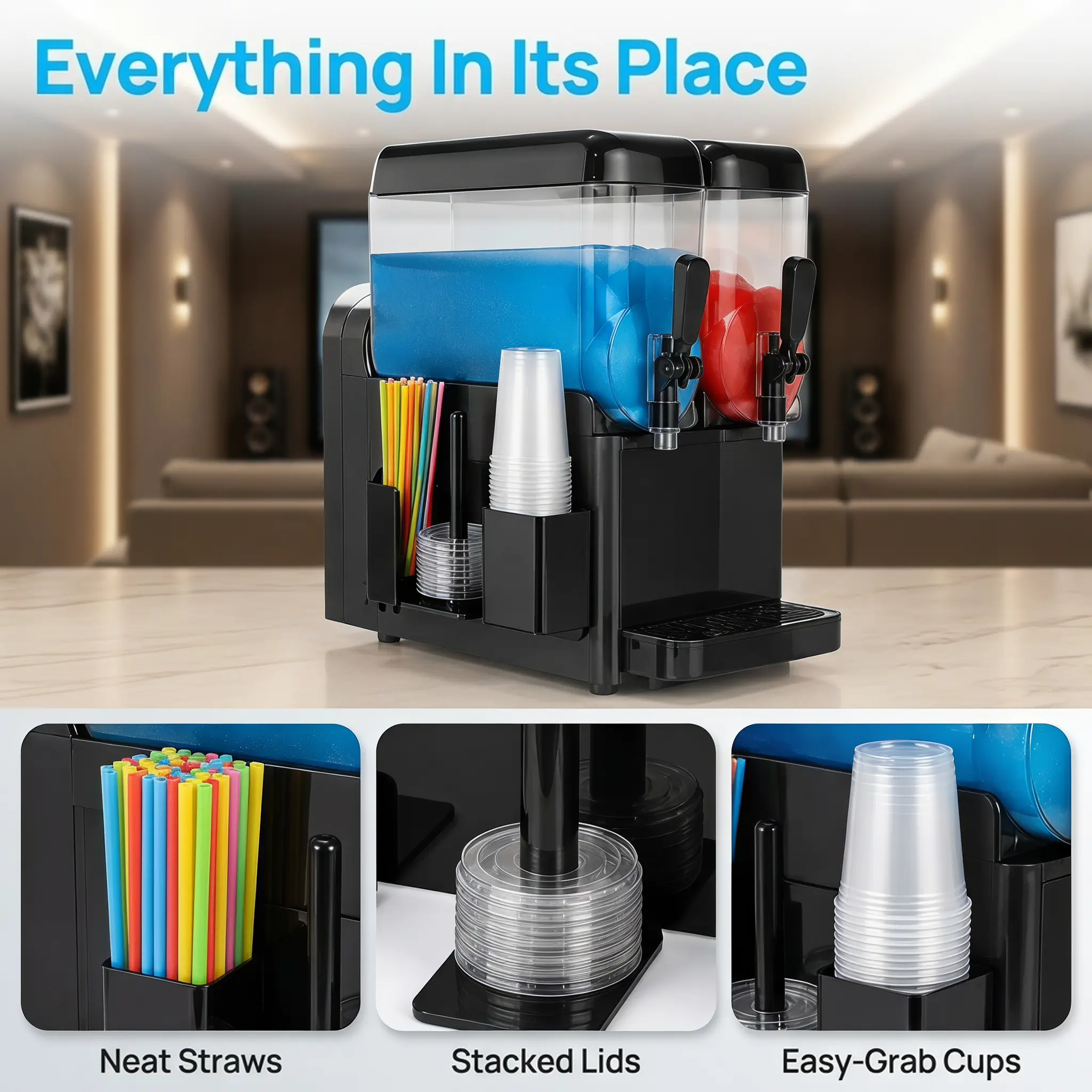 3-in-1 Side Mount Slushie Cup Storage Organizer Compatible with Ninja Slushie FS299, FS300, FS301 Machines, Space Saving Accessory Holder for Cups, Lids & Straws, Convenient Slushy Machine Side Storage Rack