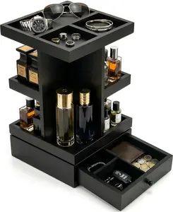 4-Tier Rotating Cologne Organizer with Drawer for Men, Large Capacity Perfume Organizer, Mens Gifts & Desktop Accessories Stand - Spacious for & Men's, Black