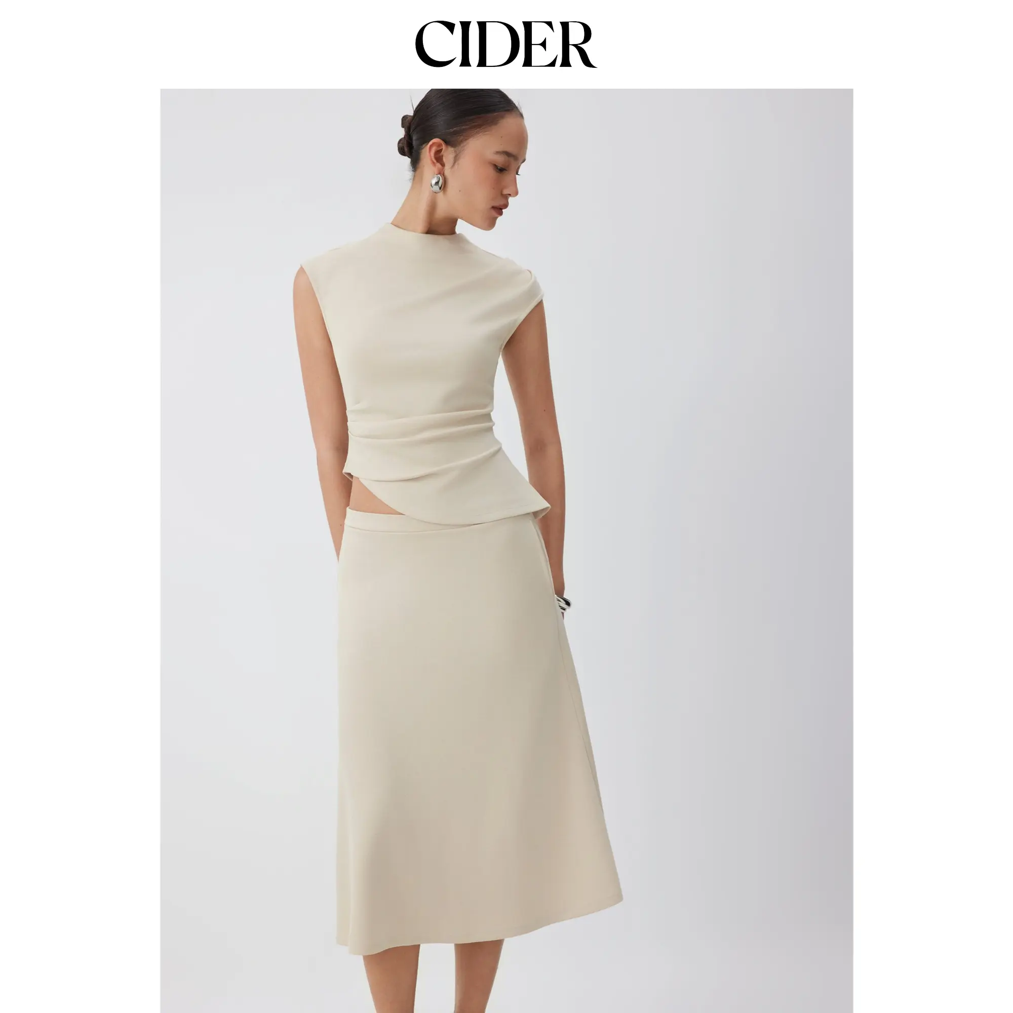 Cider Mock Neck Ruched Asymmetrical Hem Top & Mid Rise A-line Midi Skirt Set