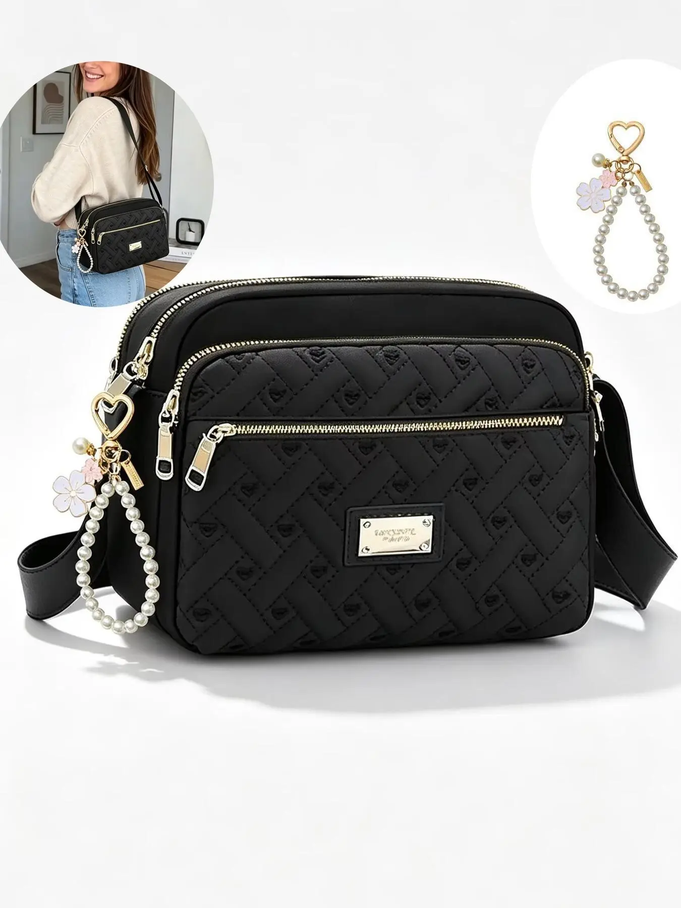 High-Quality Pearl Zipper Design Heart Embroidery Women's Shoulder Bag, Multi-Pocket Makeup Bag, Commuter Shoulder Bag, Work Bag, Party Bag
