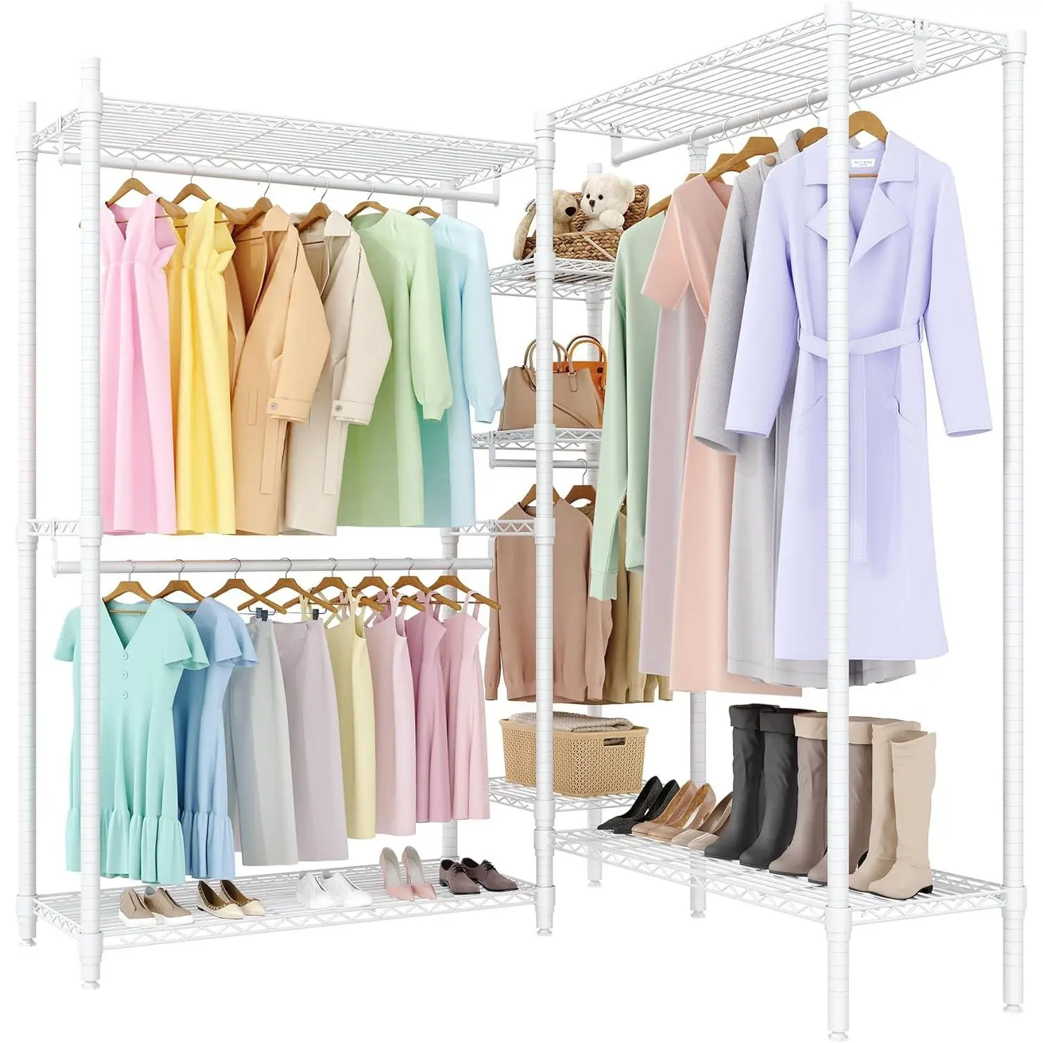 Heavy Duty Portable Clothes Rack - L-Shaped Corner Wardrobe with Alloy Frame, Detachable Arms, Adjustable Shelves, Freestanding Closet Storage Organizer for Apartment Bedroom, 70.5"H x 85.4"L x 17.4"W