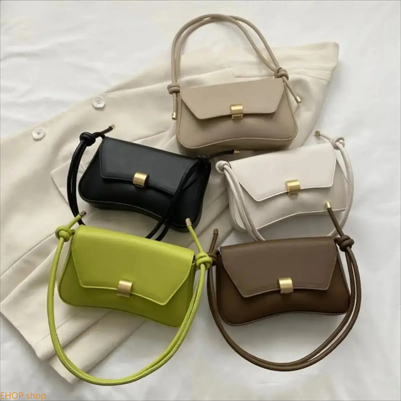 Faux Leather Shoulder Bag for Women, Curved Baguette Purse with Knotted Strap & Gold-Tone Lock Detail, Minimalist Underarm Handbag for Daily Commute Dating Shopping & Casual Outings
