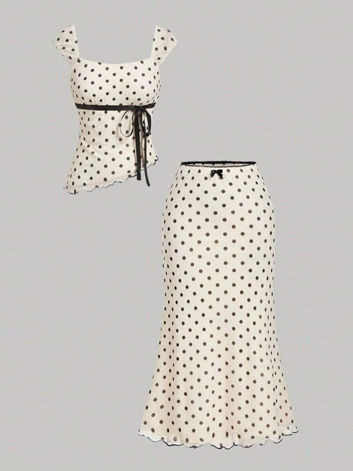 Women's Base Polka Dot Set, Two Pieces Sets, Outfit, Vintage Asymmetrical Top & Mermaid Skirt, Bow Decoration, Perfect for Summer Dates, Weddings, Vacations