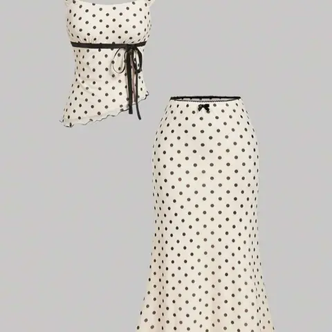 Women's Polka Dot Two-Piece Outfit Set Vintage Asymmetrical Top & Bow Mermaid Skirt, Perfect for Summer Dates, Weddings and Vacations Fashion Apparel Set