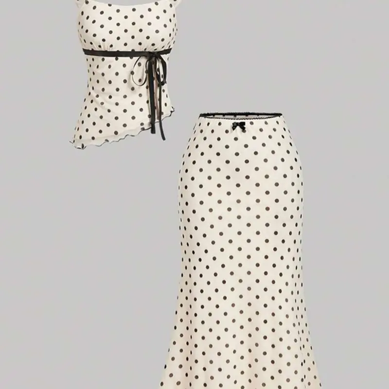 Women's Polka Dot Two-Piece Outfit Set Vintage Asymmetrical Top & Bow Mermaid Skirt, Perfect for Summer Dates, Weddings and Vacations Fashion Apparel Set