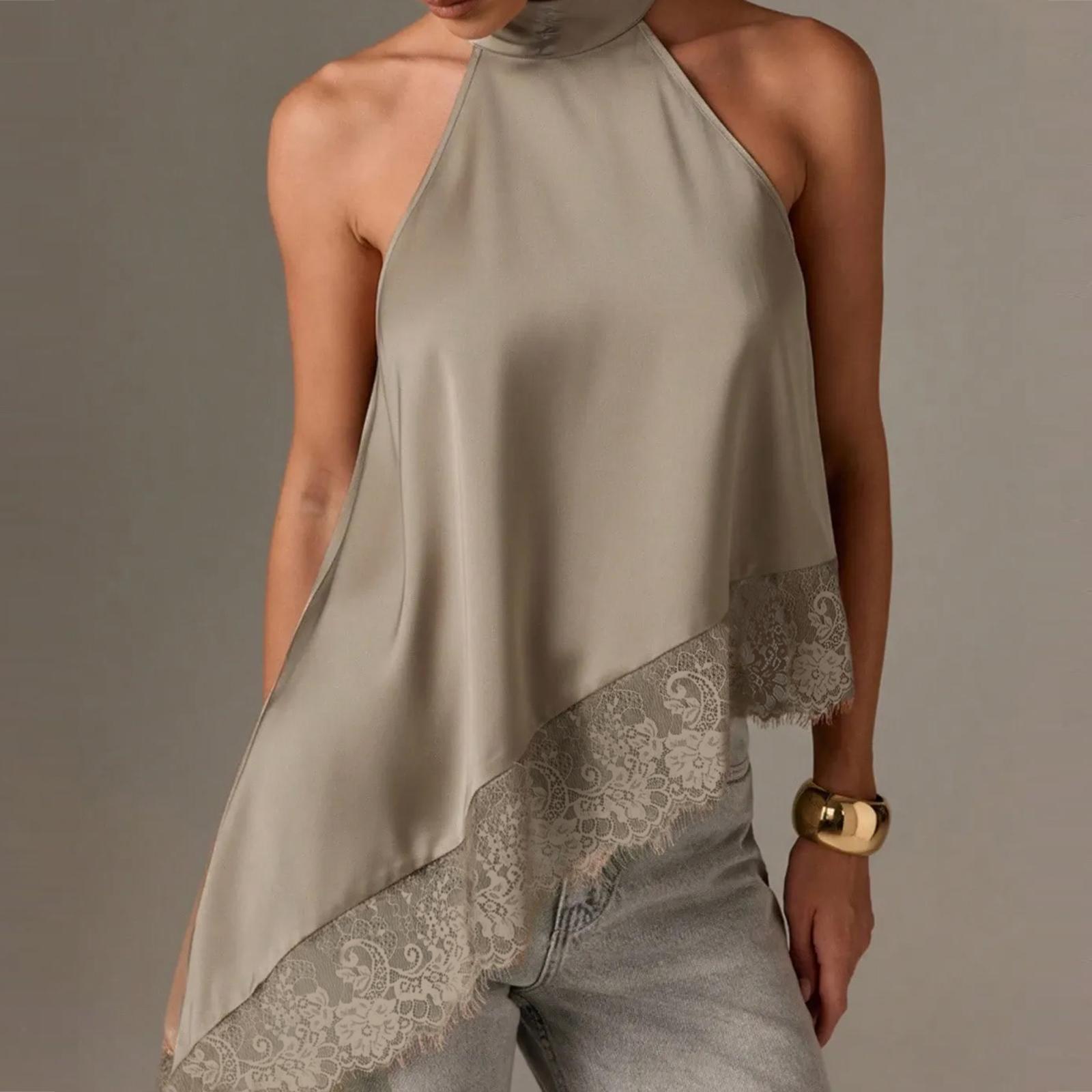 Women's Satin Halter Top, Asymmetrical Hem with Lace Trim, Elegant Sleeveless Blouse for Daily & Evening Outfit Wear