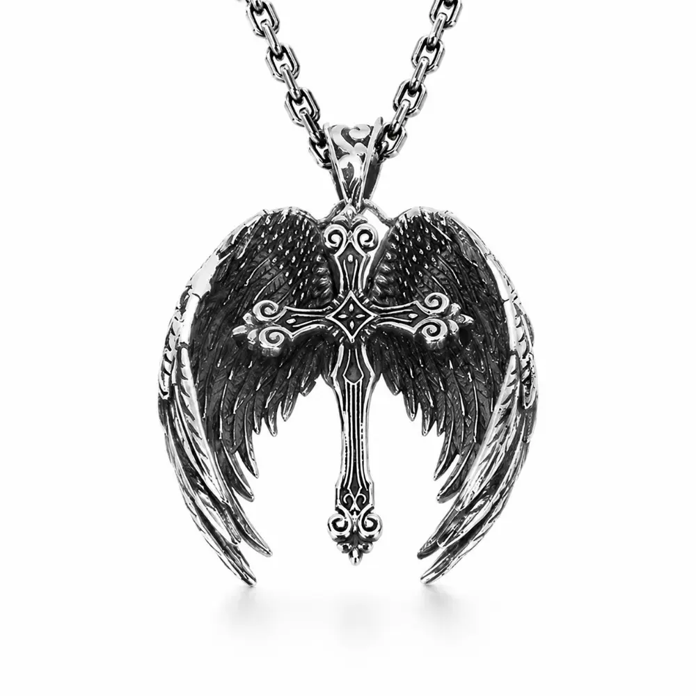 Guardian Angel Wings Cross Necklace for Women & Men, Spiritual Stainless Steel Pendant, Faith Protection Jewelry with 50cm Chain, Cross Necklaces, Angel Wing Necklaces