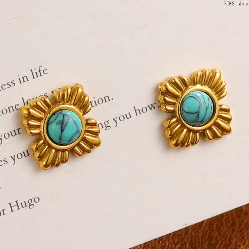 Gold‑Tone Vintage Flower Stud Earrings, Boho Imitation Turquoise Inlaid Floral Earrings, Retro Fashion Jewelry for Women