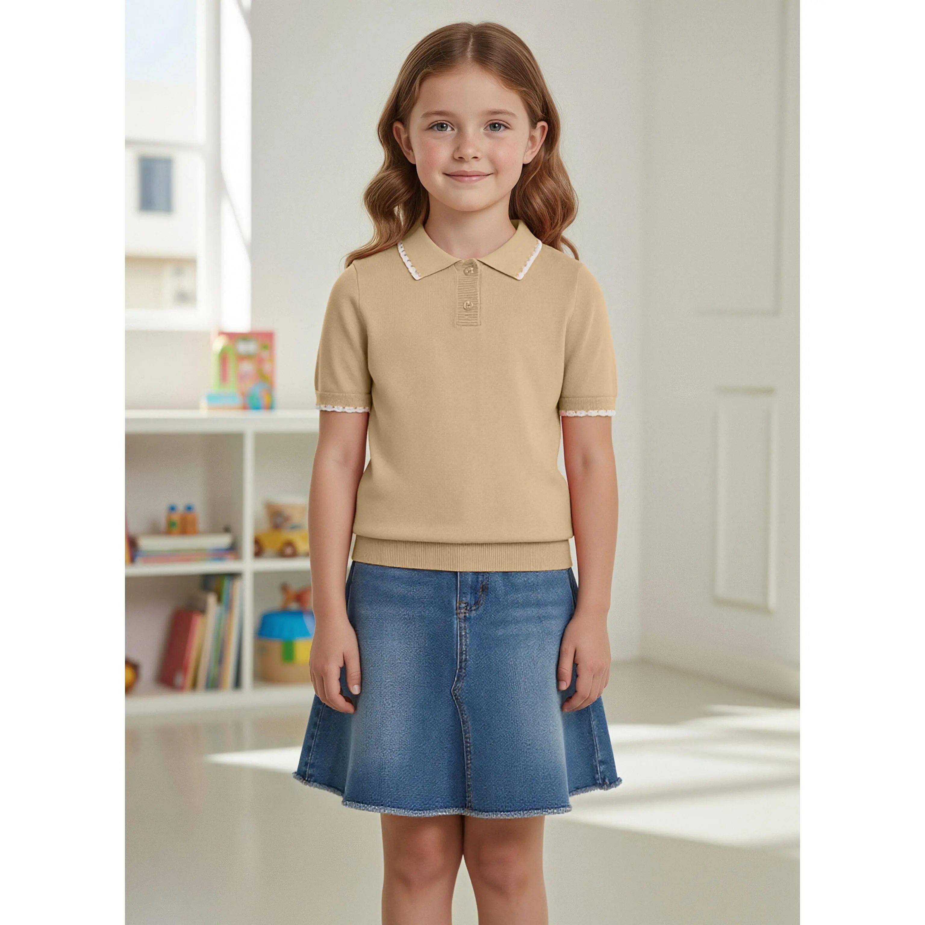 Girls Contrast Picot Trim Short Sleeve Polo Knit Top 70% Viscose 30% Polyester Kids Pullover Sweater