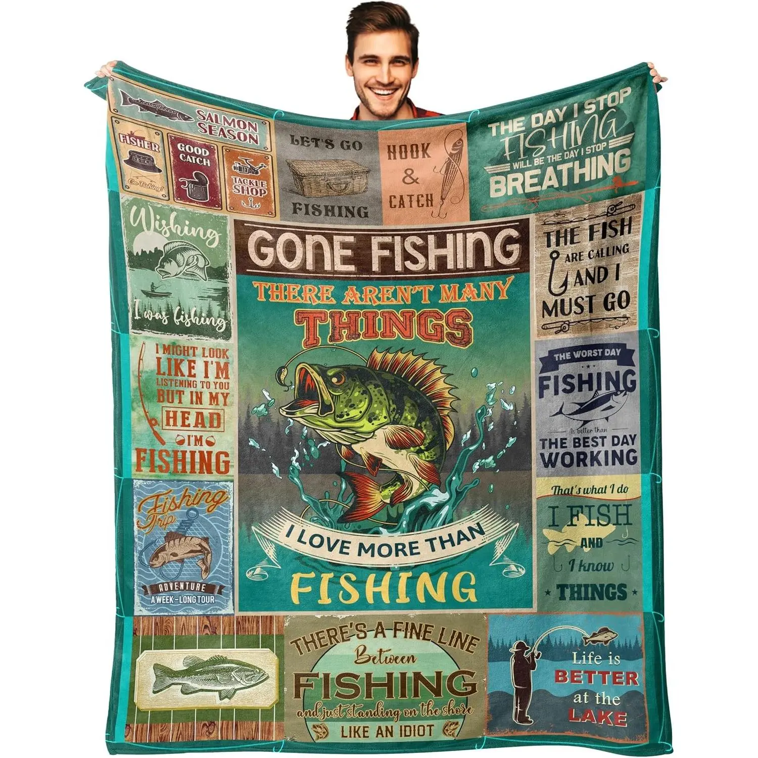 Fishing Blanket 50" X 60", Fishing Gifts for Men, Fishing Gifts, Gift for Fisherman, Fish Present for Dad Boy Men Women, Fathers Day Christmas Birthday Gift for Mens Who Love FishingsGift.