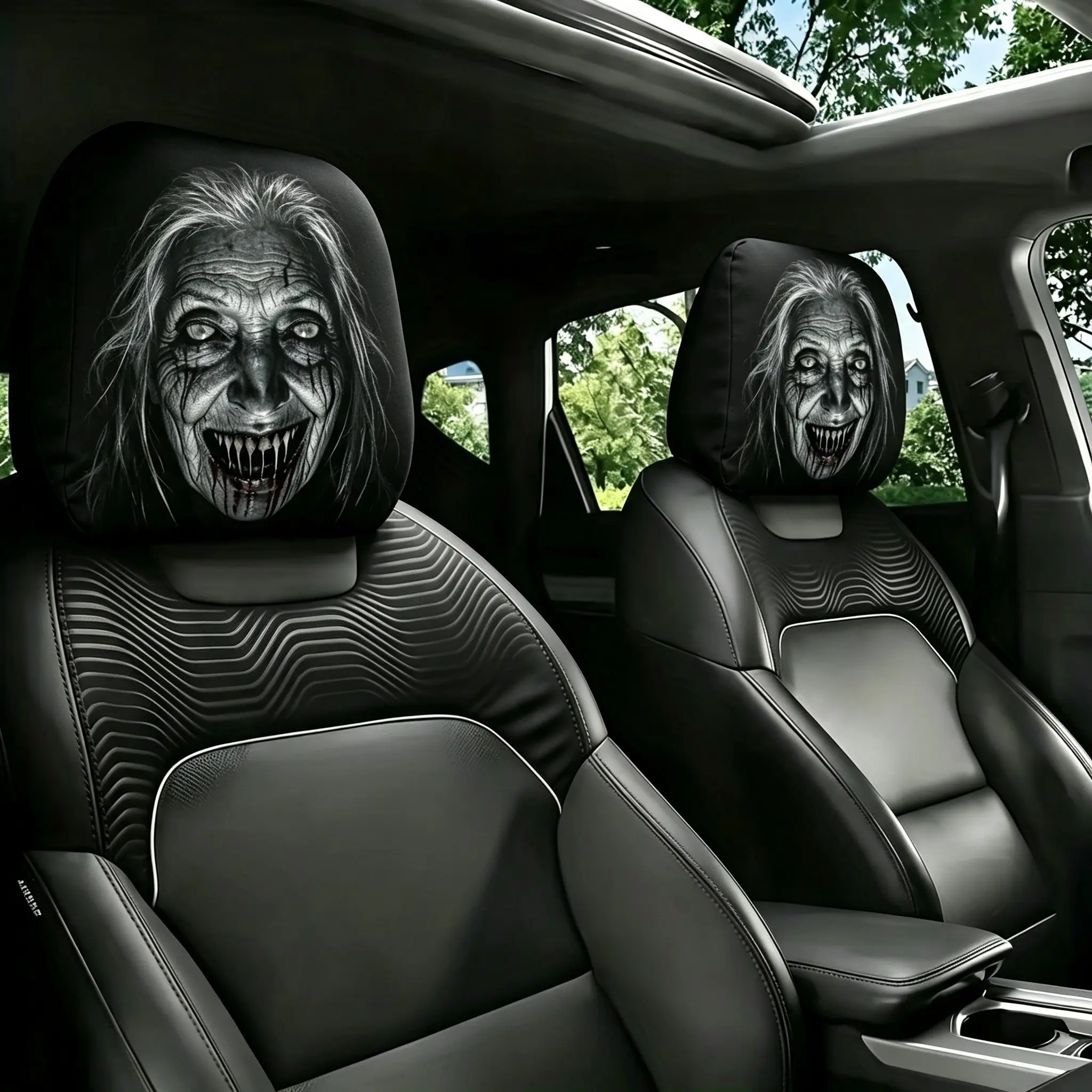 2Pcs Halloween Scary Old Witch Car Headrest Covers, Creepy Ghost Face Automobile Head Rest Protectors, Funny Spooky Car Accessories
