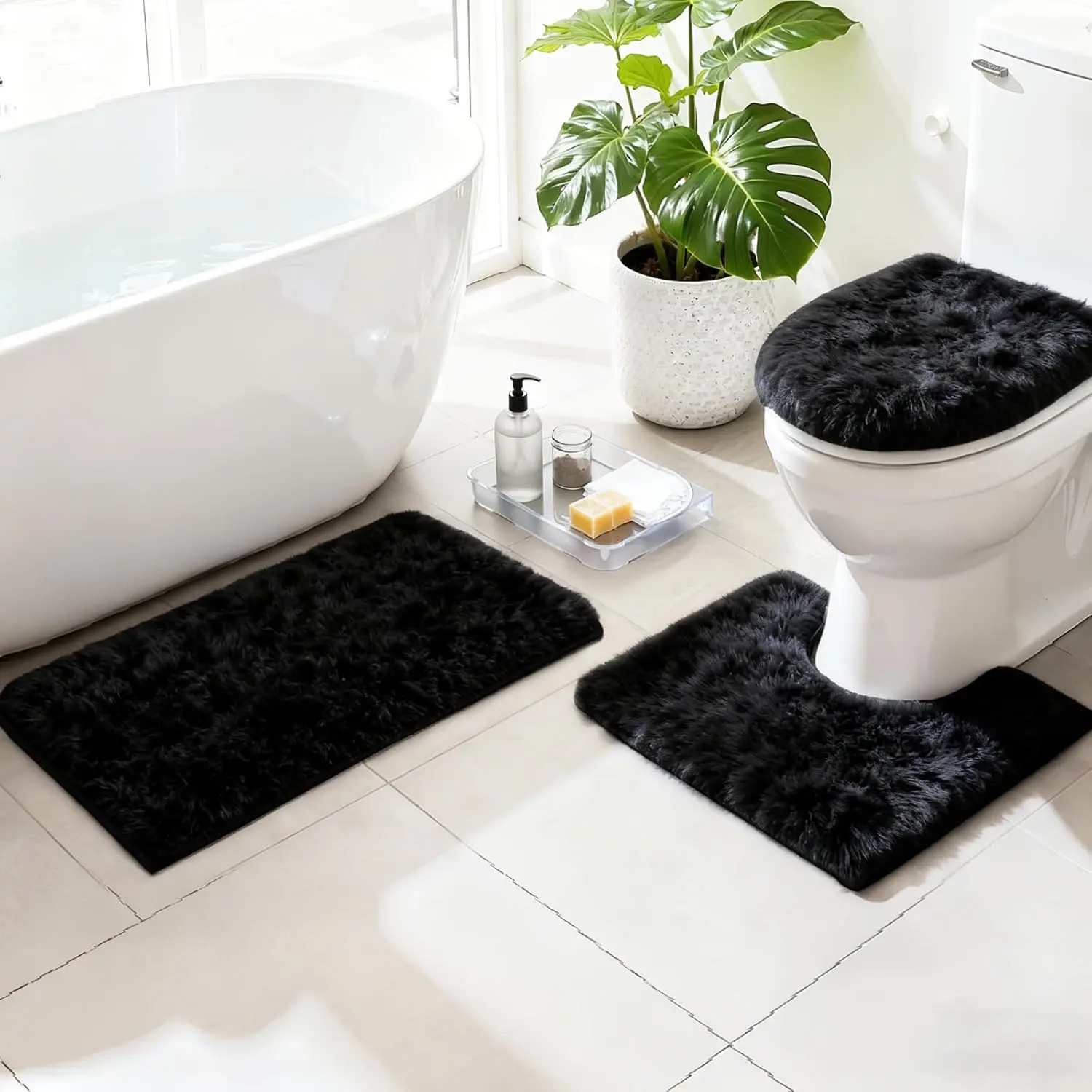 RUN HELIX Black Bathroom Rugs Sets 3 Piece Shaggy Bath Mat Non-Slip Mats Water Absorbent Bath Rug Floor Mats Soft Washable Shower Rug with U-Shaped Contour Rug Toilet Lid Cover Home Decor Accessories