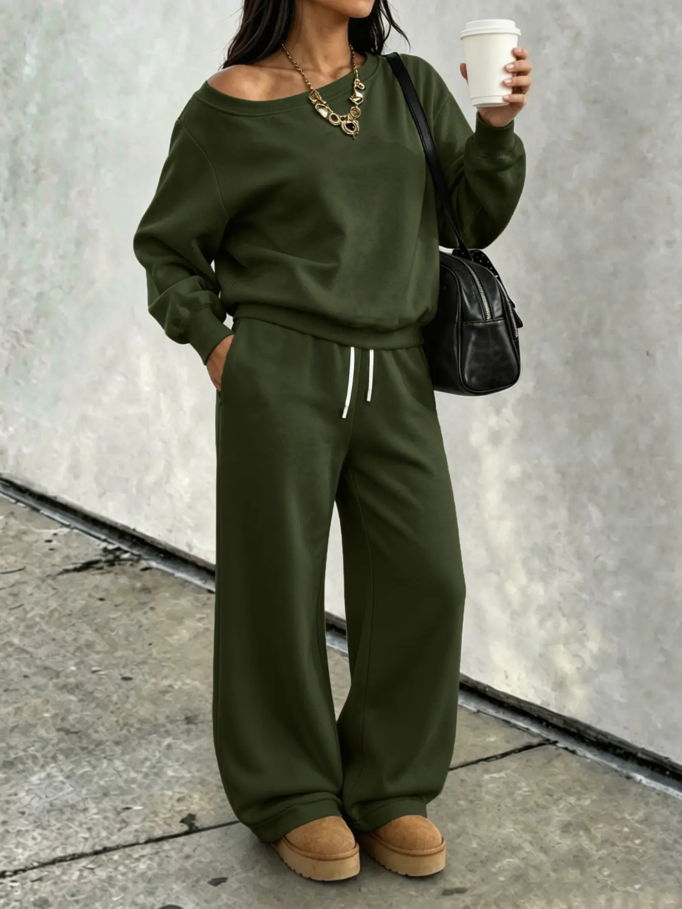 Women's Two-Piece Set, Fall, Asymmetrical Sweatshirt and Wide-Leg Pants, Soft Knit Fabric, Casual Daily Wear, Multiple Colors Available, Outfit