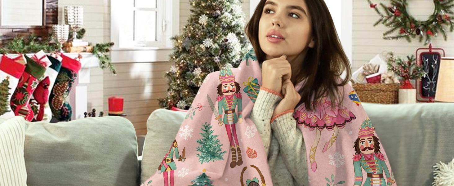 Pink Christmas Nutcracker Flannel Throw Blanket, Cute Xmas Tree Wooden Horses Balls Birthday Gifts for Kids Men Women, Winter Holiday Snowflake Soft Blankets for Bedding Sofa 50 x 60 Inches