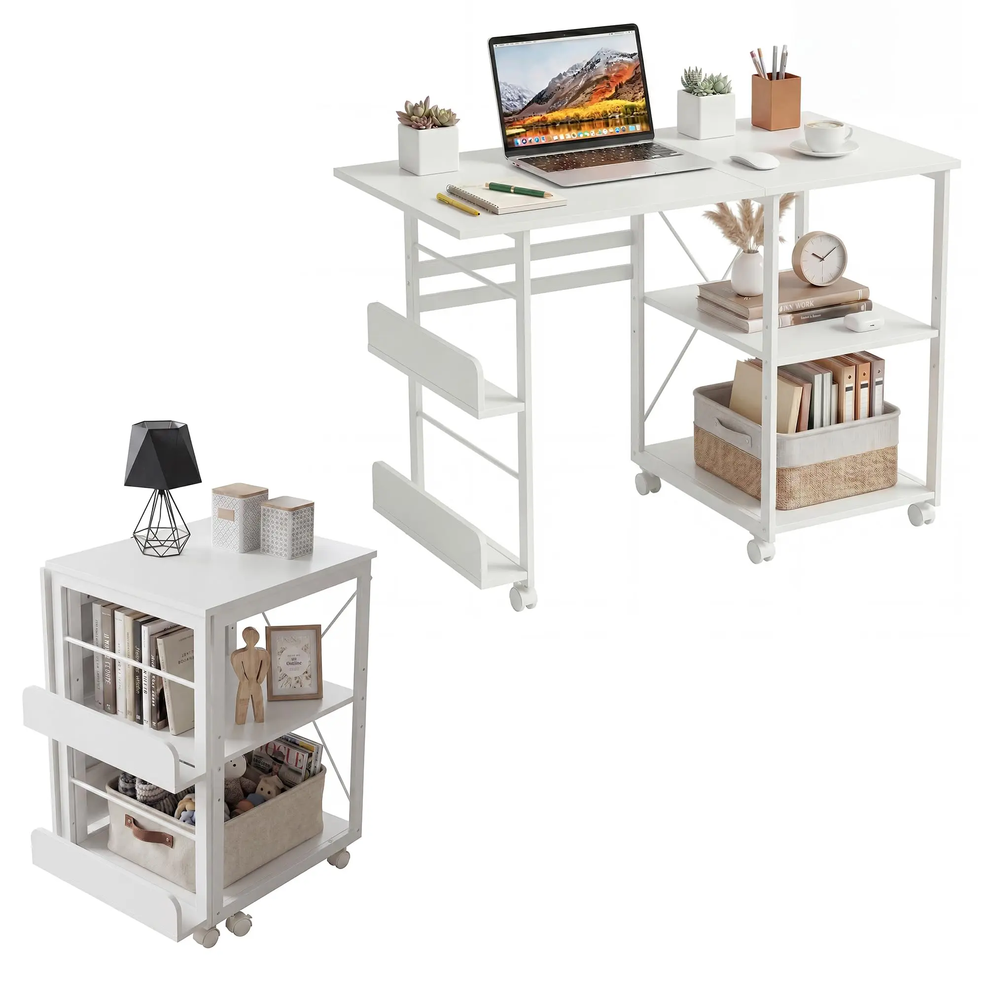 31.5" Folding Desk with Wheels, Space Saving Home Office Desk with Storage Shelf, Rolling Computer Desk, Portable Writing Table for Living  Room, Apartment, Small Spaces