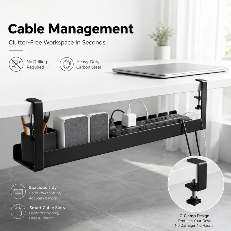 Drill-free Clamp-on Under-desk Cable Organizer, made of carbon steel, Hidden Cable Storage. Neatly holds power strips and charging wires, perfect for cable management on office desks.