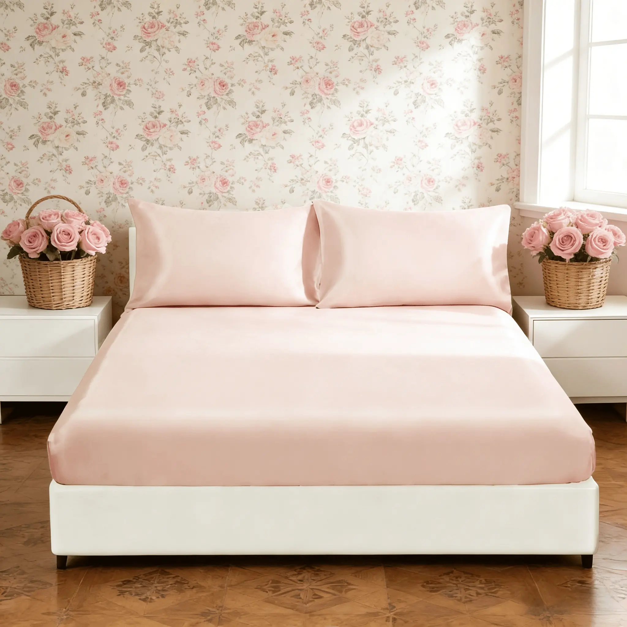 Luxury Satin Bedding Set, 3-Piece Includes Fitted Sheet & Pillowcases, No Insert Soft Breathable Wrinkle-Free, King Size, Hotel Quality, Valentine's Gift