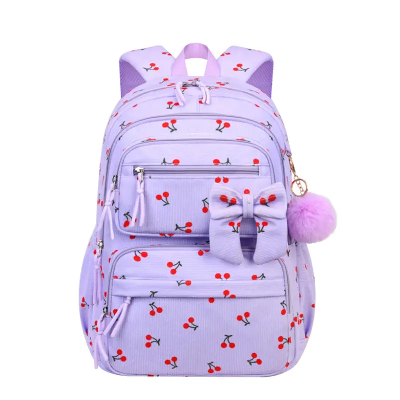2026 Viral Coquette Corduroy Backpack for Teen Girls Cute Cherry Print Large Capacity Lightweight Laptop School Bookbag with Bow Pom Pom Charm, Kawaii Soft Girl Aesthetic Backpack for Back to School Travel Cottagecore OOTD, Backpacks For School, School Ba
