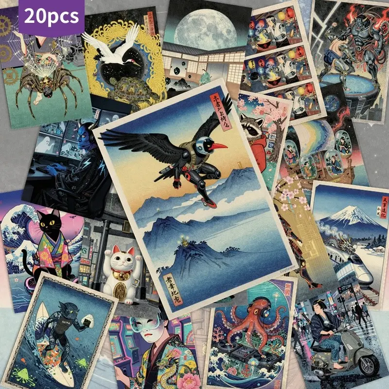 20pcs Japanese Fantasy Collage Postcards Vintage Art Illustration Collectible Decorative Cards Scrapbooking Junk Journal Crafting Aesthetic Ephemera DIY Supplies