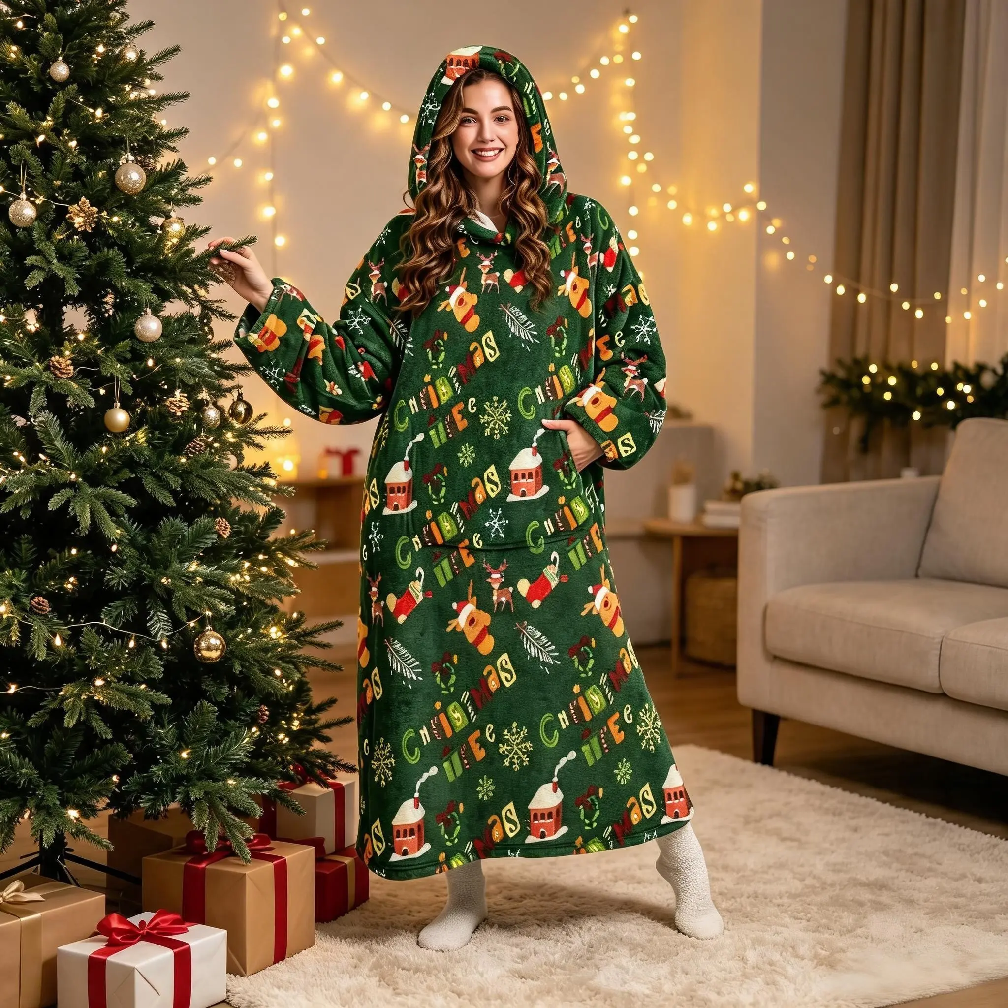Thick Flannel Wearable Blanket, Couples' Cartoon Reindeer Christmas Letter Hooded Blanket, Soft Warm Home Blanket, Perfect Gift