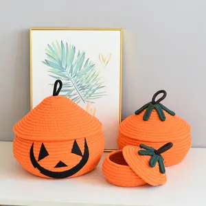 1PC Halloween Pumpkin Basket With Lid, Halloween Pumpkin Candy Bucket, Trick Or Treat Pumpkin Woven Storage Bin, Large Capacity Woven Rope Basket For Store Toys, Candys, Snacks, Home Decor