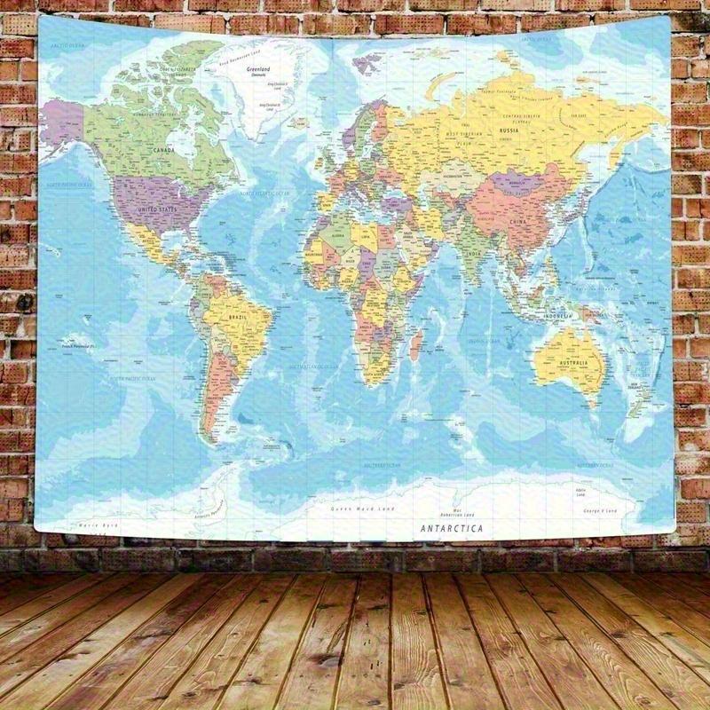 Colorful Educational World Map Wall Tapestry - Tapestries with Countries & Major Cities, Durable Peach Beige Fabric, Multiple Sizes, Easy-Install Hooks, Smooth Texture for Youngsters' Room, Living Room, Indoor Use, No Electricity Needed