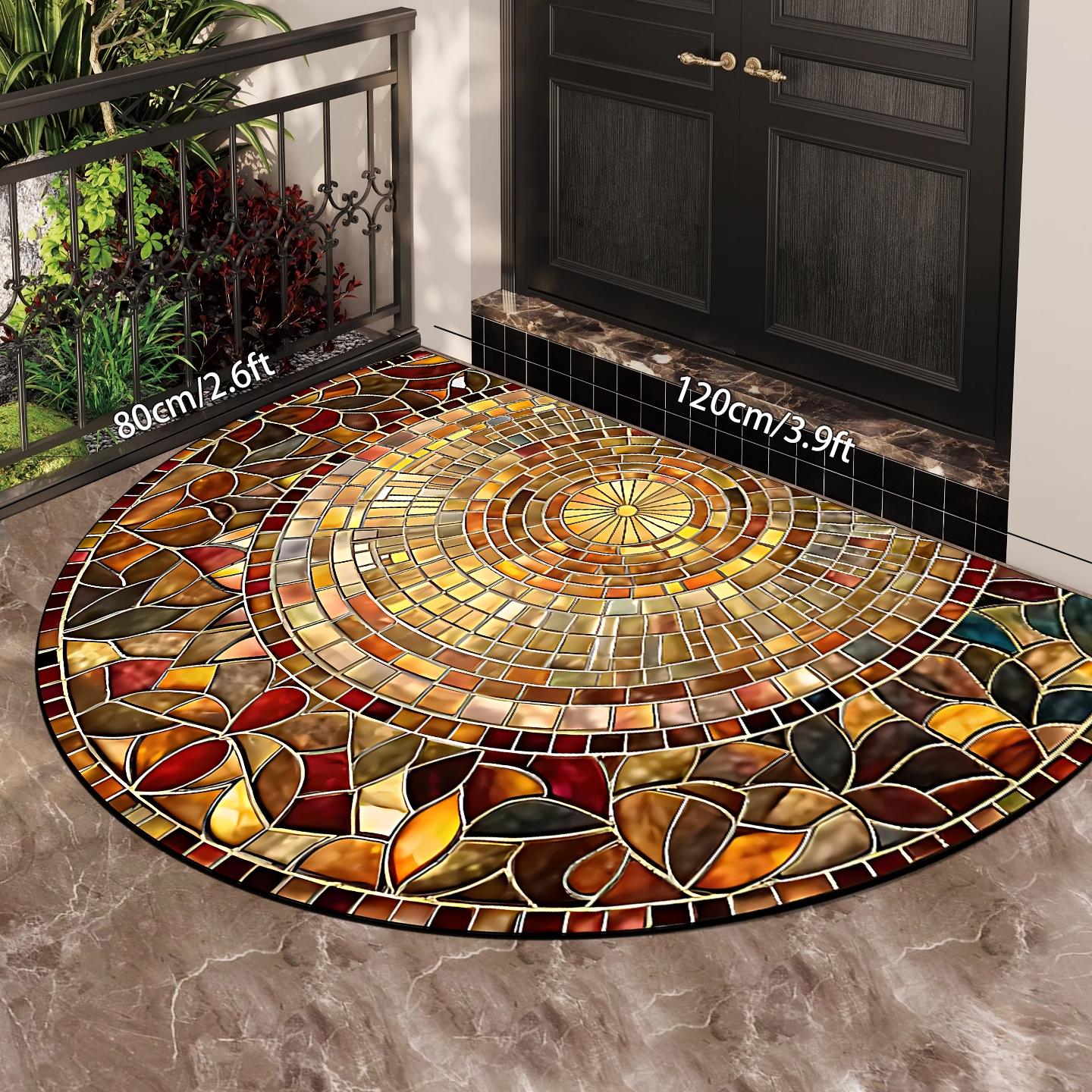 Vintage Half-Round Door Mat, Leaf Print Design, Soft Non-Slip Washable Rug, Home Decor Indoor Outdoor Entrance Carpet, Decorative Rugs