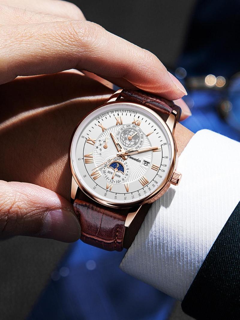 Men's Business Fashion Round Dial Analog Quartz Watch, Fashion Watch for Party, Daily Clothing Decor, Trendy All-match & Exquisite Watch for Birthday Gift with Box, Business Fashion Watches