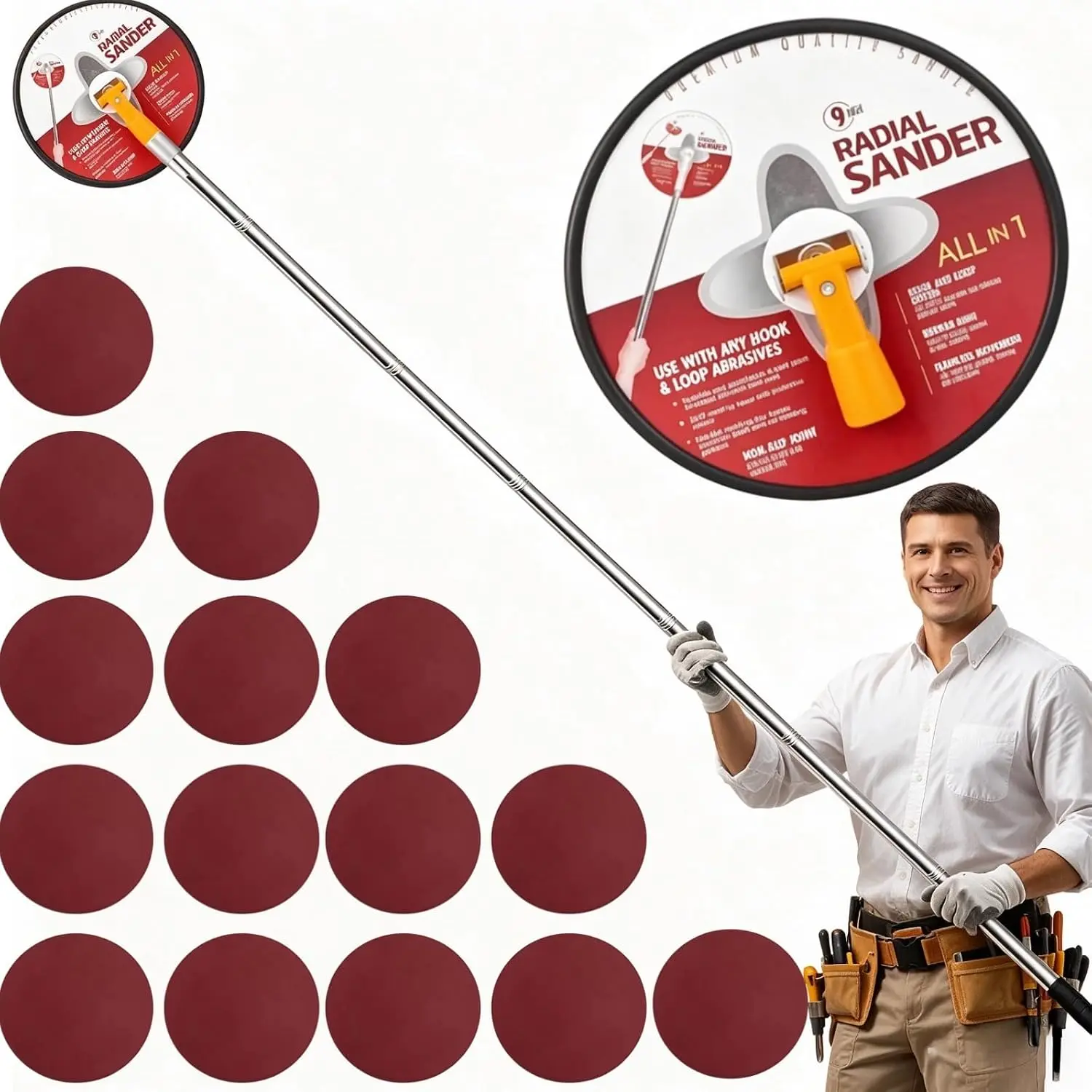 Drywall Sander Pole, 9 Inch Wall & Ceiling Pole Sander with 360° Rotating  & 12.5-65 Inch Adjustable Extension Pole | 2-in-1 Sanding Tool with 18 Sheets (6 Grits 80-320) for Plasterboard (Red)