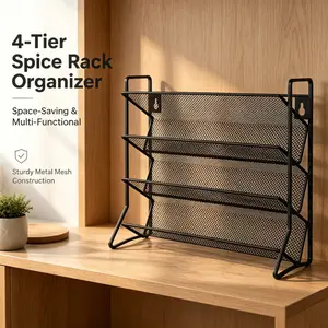 Black Wire Mesh 4 Tier Spice Rack Multi Purpose Seasoning Storage Holder Space Efficient Kitchen Countertop Wall Organizer