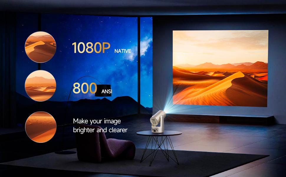 With batteries Rechargeable Mini Android Outdoor projector, 800ANSI native 1080P resolution, auto focus and auto trapezoidal correction, 200-inch screen WiFi6 bt5.2 multi-functional UHD outdoor entertainment projector.