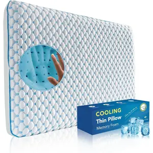 Cooling Gel Thin Memory Foam Sleeping Pillow, 2.25-Inch Ultra Slim Low Profile Flat Pillow for Stomach & Back Sleepers, Relieves Shoulder Neck Pain