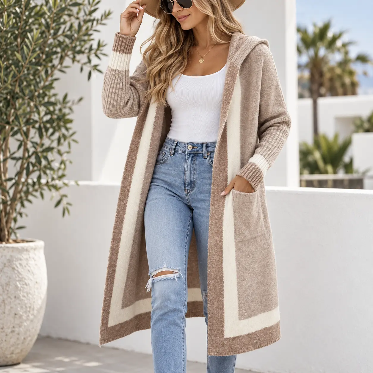 Women’s Longline Hooded Knit Cardigan, Open Front Sweater Coat with Contrast Trim & Front Pockets, Relaxed Long Sleeve Layering Jacket for Travel, Work, Weekend, Fall Winter Casual Wear