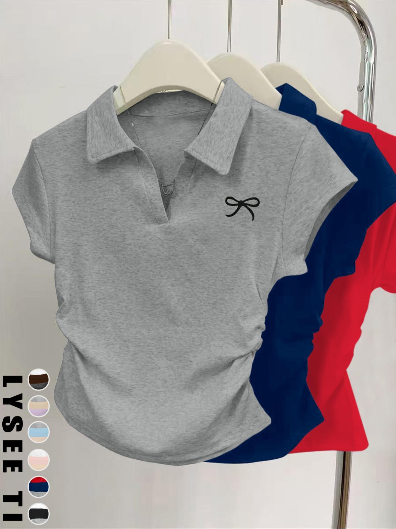 3pcs women's casual fashion butterfly pattern details simple solid color pleated polo collar pullover shirt women's short sleeved three piece T-shirt Polo Shirt Set