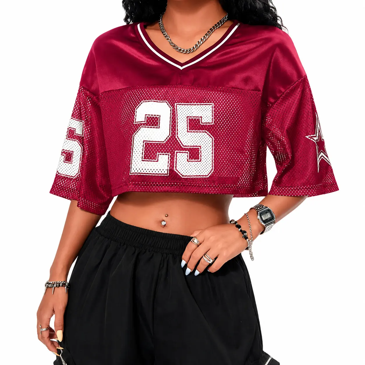 Women's 25 Graphic Cropped Football Jersey 2026 Trendy V Neck Short Sleeve Mesh Crop Top Y2K Streetwear Hip Hop Going Out Outfits Casual Sporty Tee Active Tops Multi Color Available