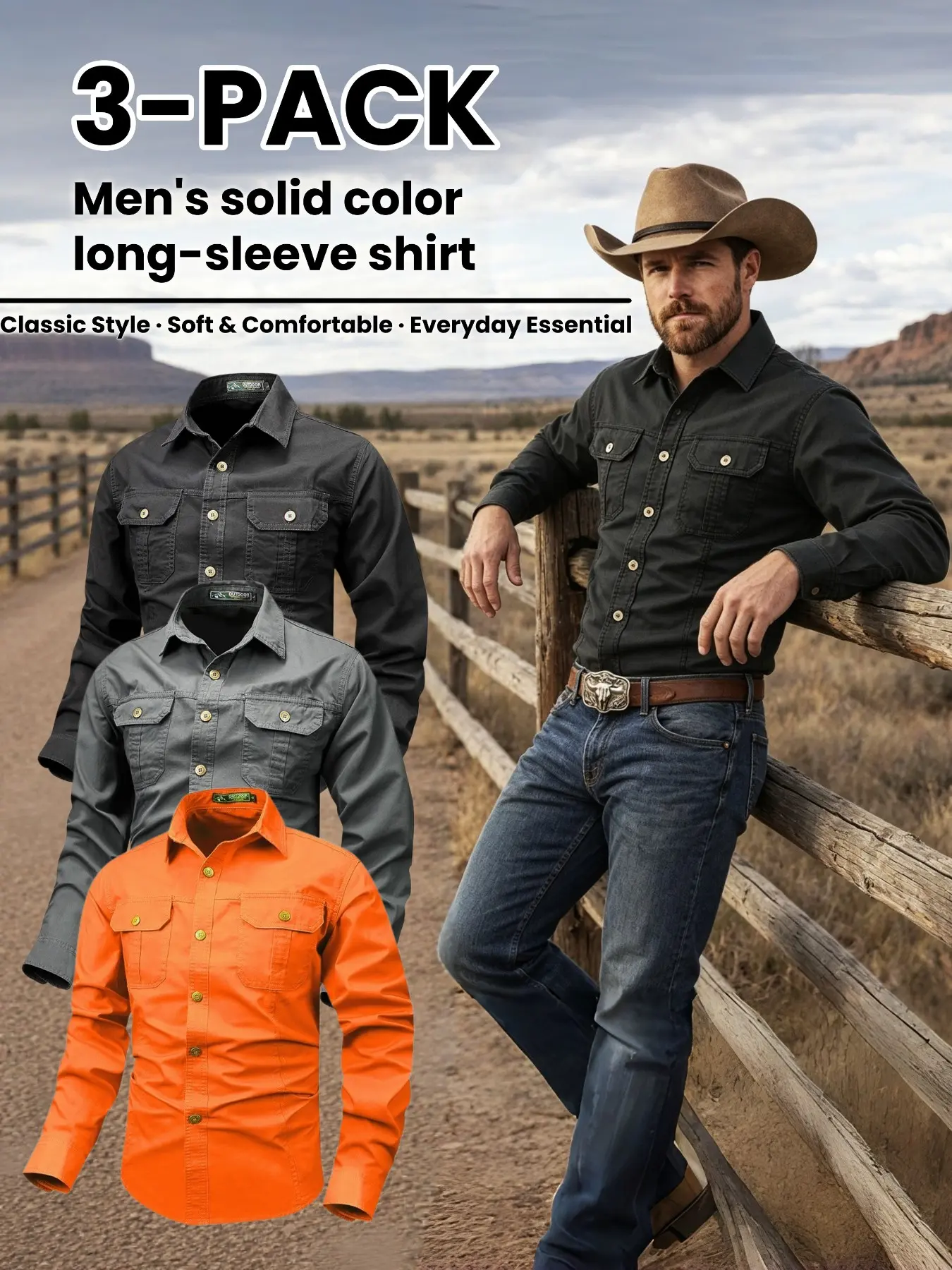 3-Pack Men's Long Sleeve Work Shirts, Button Hem Solid Western Cowboy Shirt, Casual Outdoor Work Top, Daily Wear Clothing