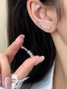 Sparkling CZ Climber Earrings, Hypoallergenic, Dainty Crystal Ear Crawlers, Silver Tone, Minimalist Design, Lightweight, Perfect for Everyday & Office Wear, Stackable Style, Perfect for Parties & Dates, Eye-Catching Statement Piece